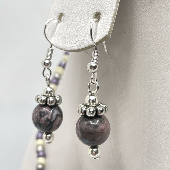 Artisan Purple Gray Jasper Gemstone Seed Bead Necklace Earrings Set Silver Tone - Picture 2 of 6